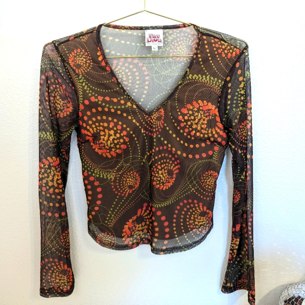 Vintage 90's sheer sleeve v neck printed blouse